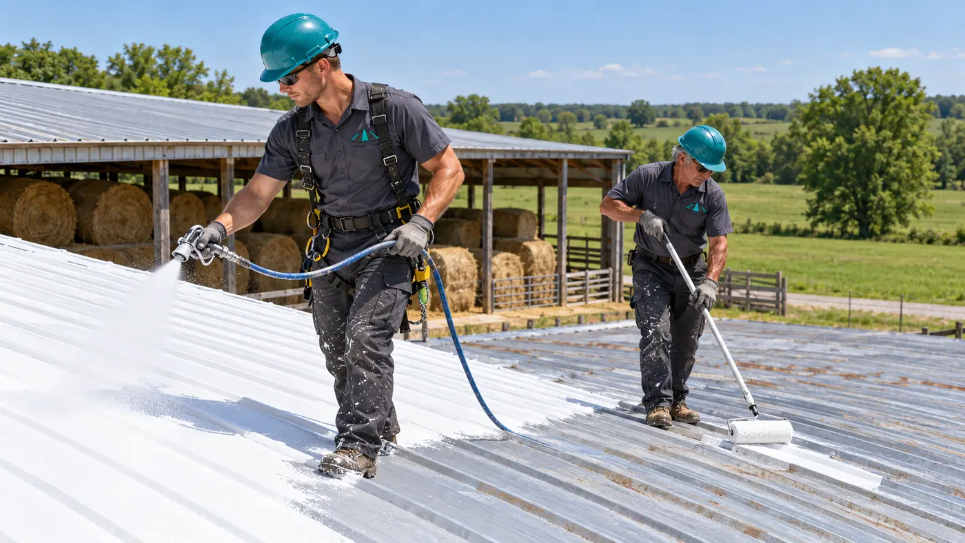 Roofing crew applying coating to a commercial metal roof