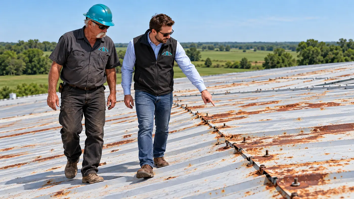Roofers walking a metal roof to check panels, laps, and screws