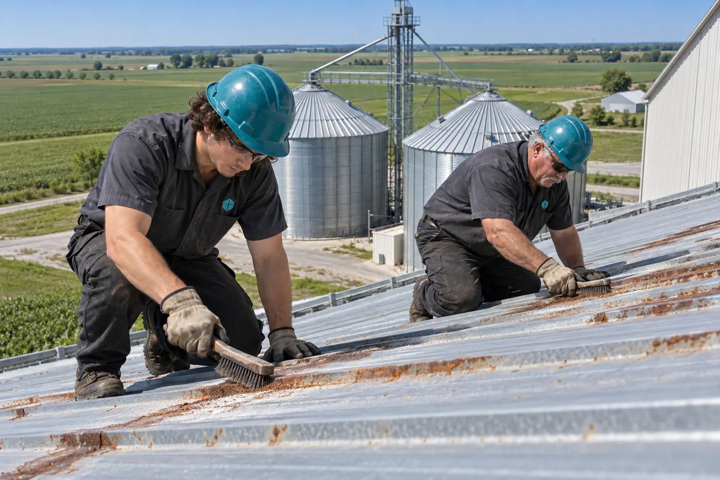Crew preparing a metal barn roof before coating